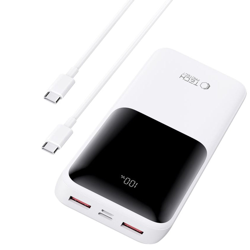 Spoljna baterija Tech-Protect PB02, 20000mAh, 22.5W, QC + PD, 1 x USB-C - 2 x USB-A, Bela