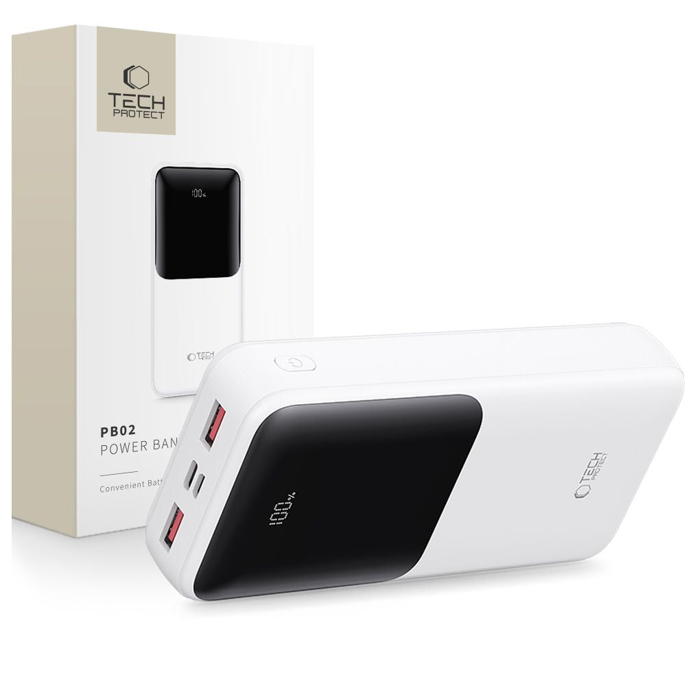 Spoljna baterija Tech-Protect PB02, 20000mAh, 22.5W, QC + PD, 1 x USB-C - 2 x USB-A, Bela