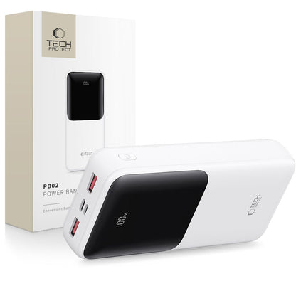 Spoljna baterija Tech-Protect PB02, 20000mAh, 22.5W, QC + PD, 1 x USB-C - 2 x USB-A, Bela