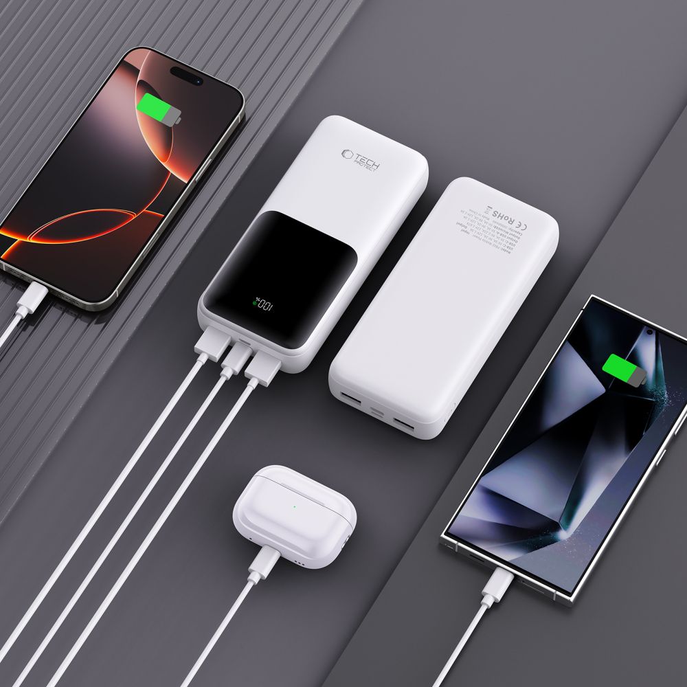 Spoljna baterija Tech-Protect PB02, 20000mAh, 22.5W, QC + PD, 1 x USB-C - 2 x USB-A, Bela