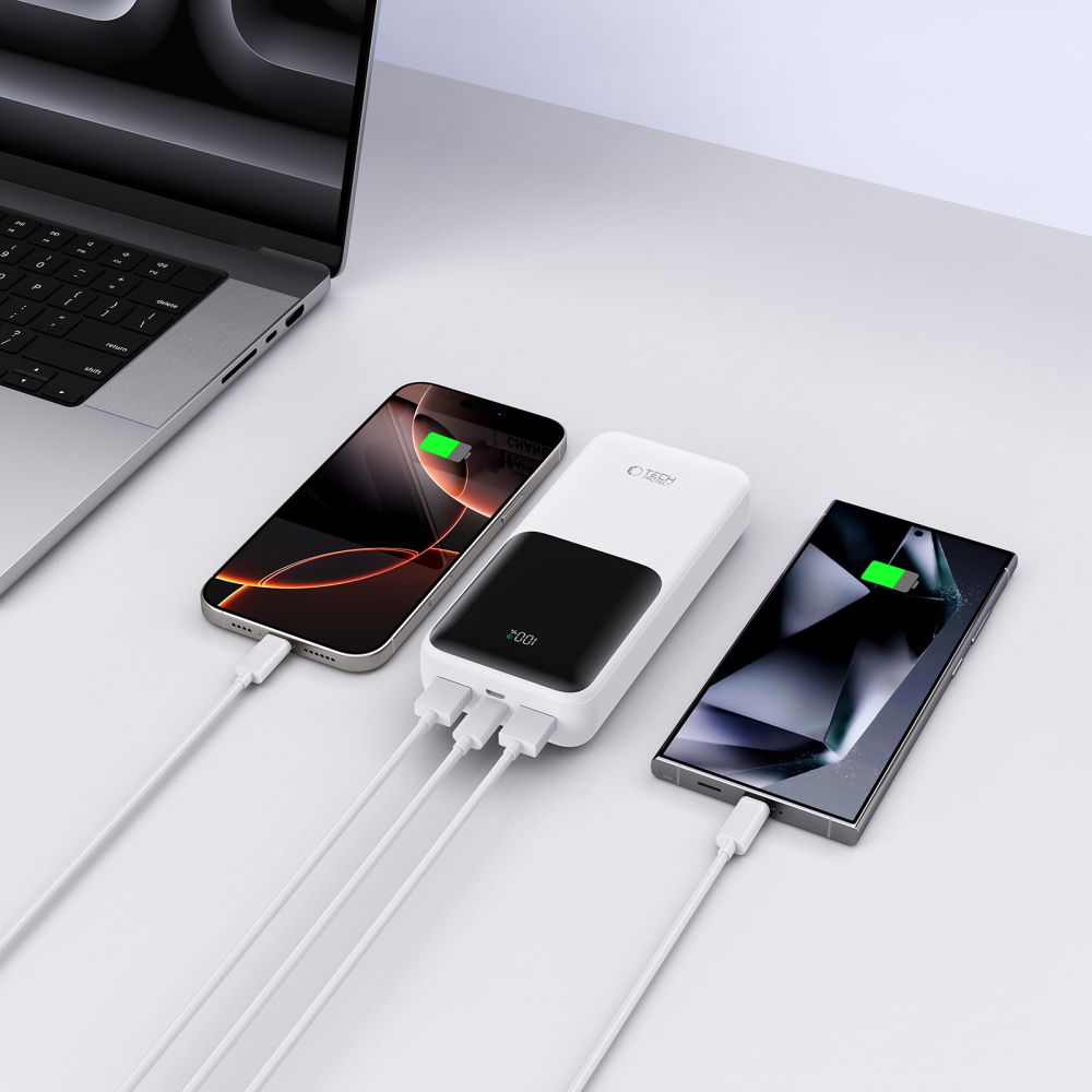 Spoljna baterija Tech-Protect PB02, 20000mAh, 22.5W, QC + PD, 1 x USB-C - 2 x USB-A, Bela