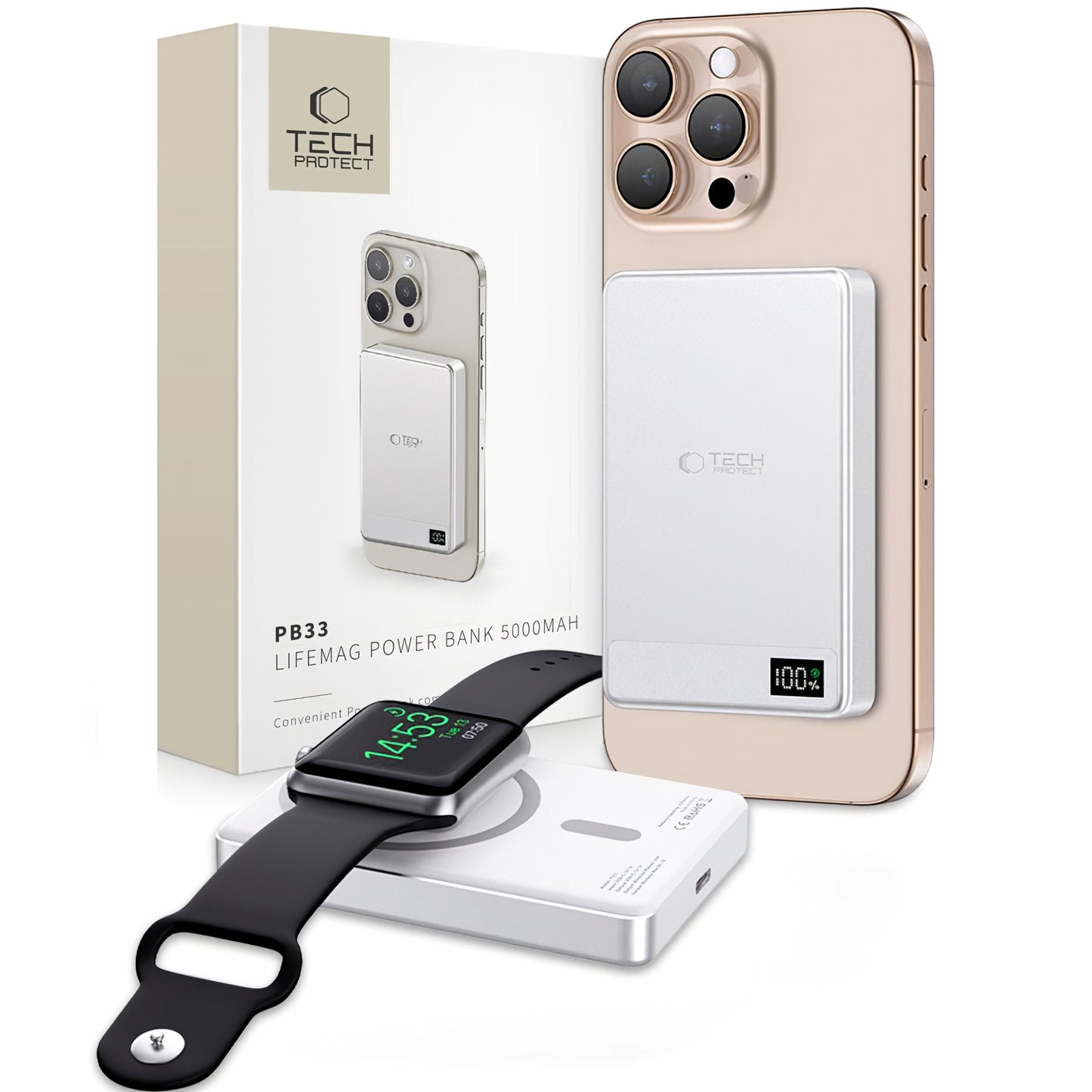Spoljna Baterija Wireless Tech-Protect PB33 LifeMag, 5000mAh, 15W, FQI, 1 x QI - 1 x USB-C, Siva