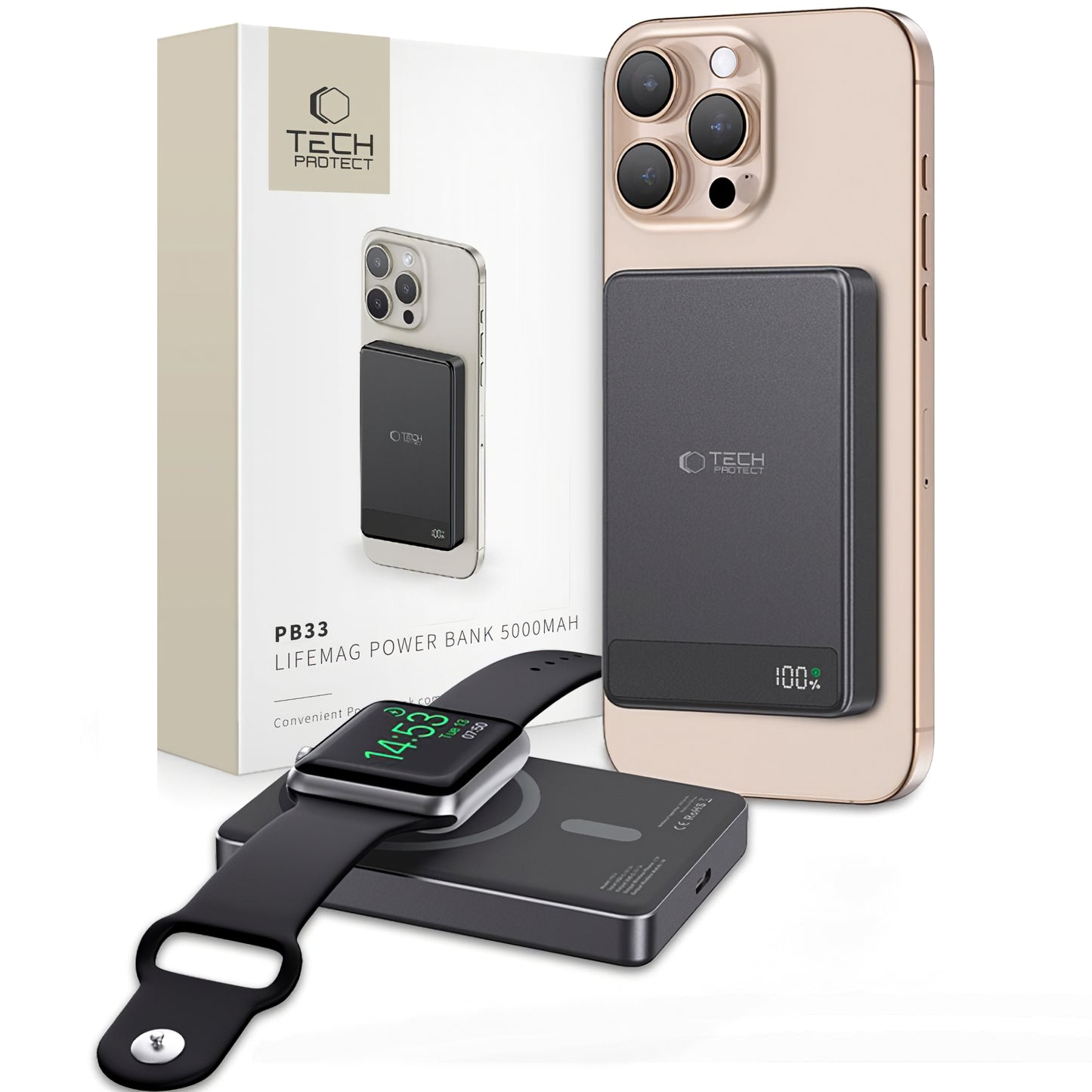 Eksterna Baterija Wireless Tech-Protect PB33 LifeMag, 5000mAh, 15W, FQI, 1 x QI - 1 x USB-C, Crna