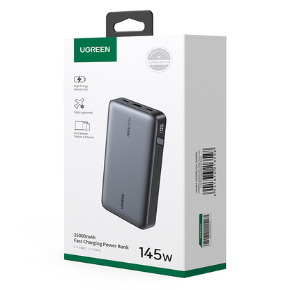 Spoljna baterija UGREEN PB205, 25000mAh, 145W, QC + PD, 1 x USB-A - 2 x USB-C, Siva