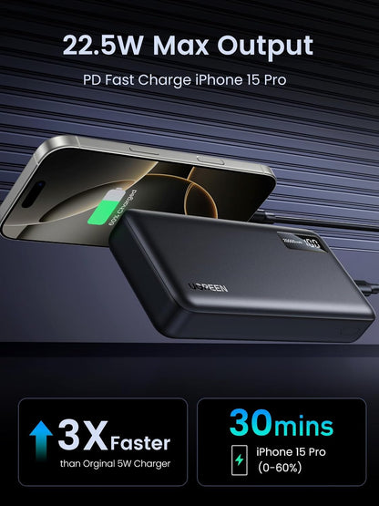 Spoljna baterija UGREEN PB312, 20000mAh, 22.5W, QC + PD, 1 x USB-C - 2 x USB-A, Crna