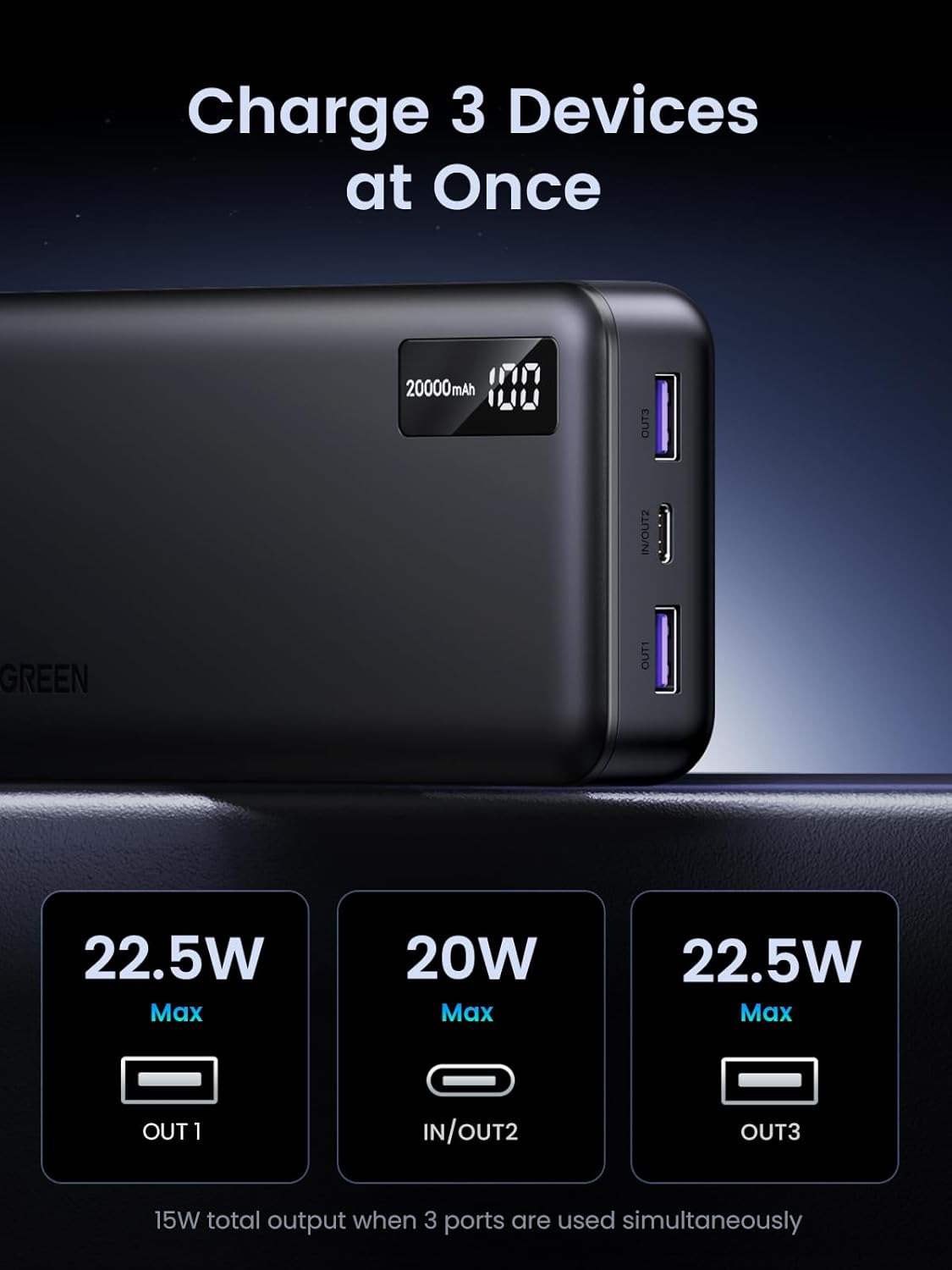 Spoljna baterija UGREEN PB312, 20000mAh, 22.5W, QC + PD, 1 x USB-C - 2 x USB-A, Crna
