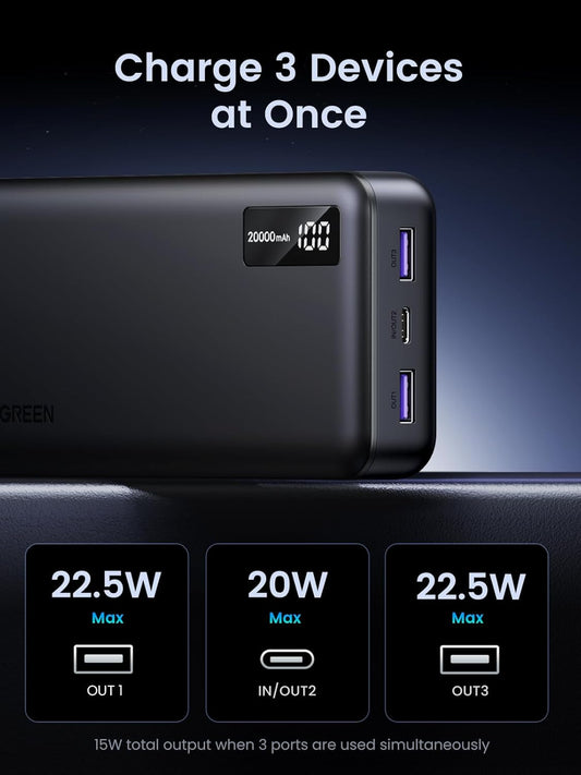 External Battery UGREEN PB312, 20000mAh, 22.5W, QC + PD, 1 x USB-C - 2 x USB-A, Black 