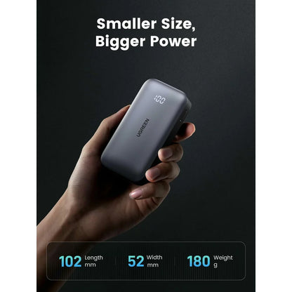 External Battery UGREEN PB502, 10000mAh, 30W, QC + PD, 1 x USB-A - 1 x USB-C, Grey 