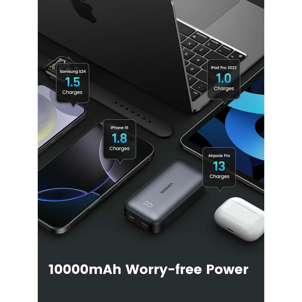 External Battery UGREEN PB502, 10000mAh, 30W, QC + PD, 1 x USB-A - 1 x USB-C, Grey 