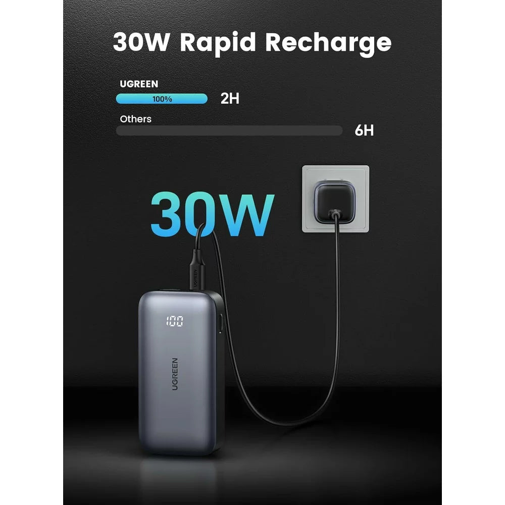 External Battery UGREEN PB502, 10000mAh, 30W, QC + PD, 1 x USB-A - 1 x USB-C, Grey 