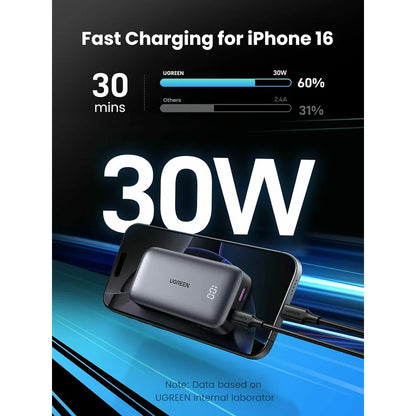 External Battery UGREEN PB502, 10000mAh, 30W, QC + PD, 1 x USB-A - 1 x USB-C, Grey 