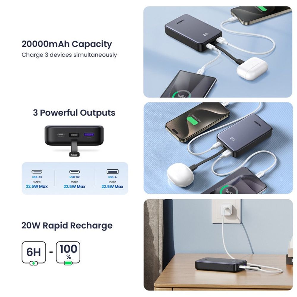 Spoljna baterija UGREEN PB505, 20000mAh, 22.5W, QC + PD, 1 x USB-A - 2 x USB-C, Siva