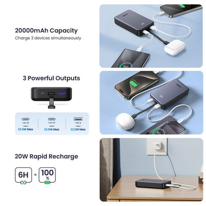 Spoljna baterija UGREEN PB505, 20000mAh, 22.5W, QC + PD, 1 x USB-A - 2 x USB-C, Siva