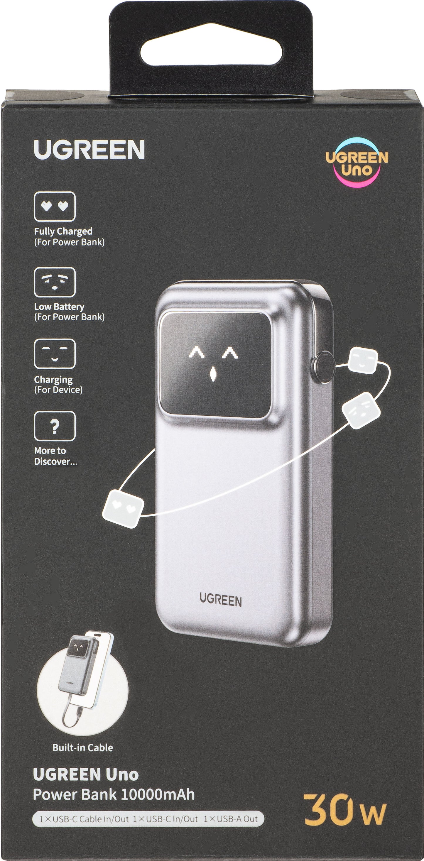 Spoljna baterija UGREEN PB511 Uno, 10000mAh, 30W, QC + PD, 1 x USB-A - 2 x USB-C, Siva