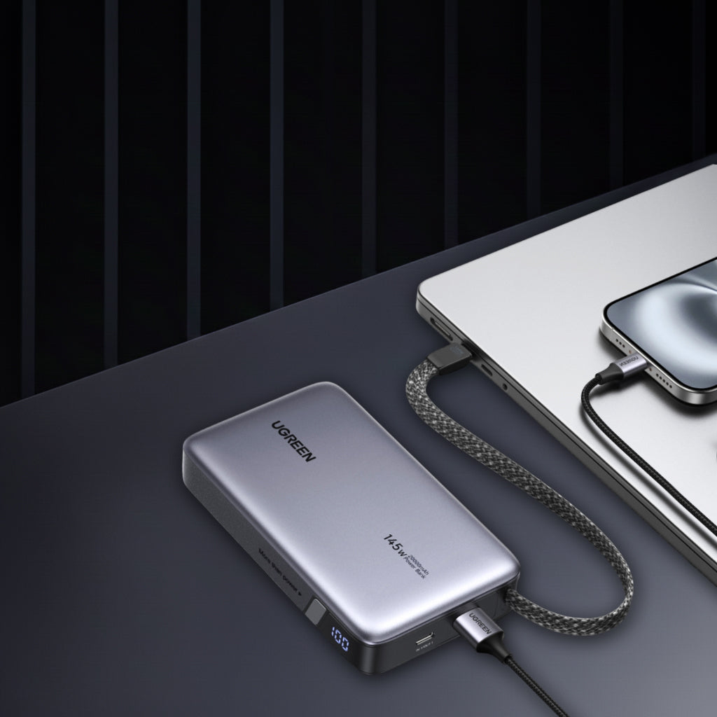 Spoljna baterija UGREEN PB551 (55992B), 20000mAh, 145W, QC + PD, 1 x USB-A - 2 x USB-C, Siva
