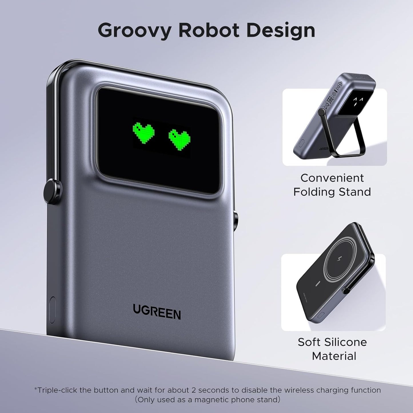 Spoljna bežična baterija UGREEN PB572 Uno, 10000mAh, 20W, PD + FQI, 1 x QI - 1 x USB-C, Siva