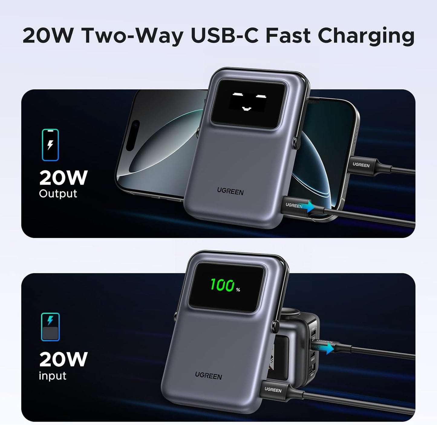 Spoljna bežična baterija UGREEN PB572 Uno, 10000mAh, 20W, PD + FQI, 1 x QI - 1 x USB-C, Siva