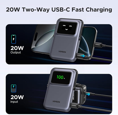 Spoljna bežična baterija UGREEN PB572 Uno, 10000mAh, 20W, PD + FQI, 1 x QI - 1 x USB-C, Siva