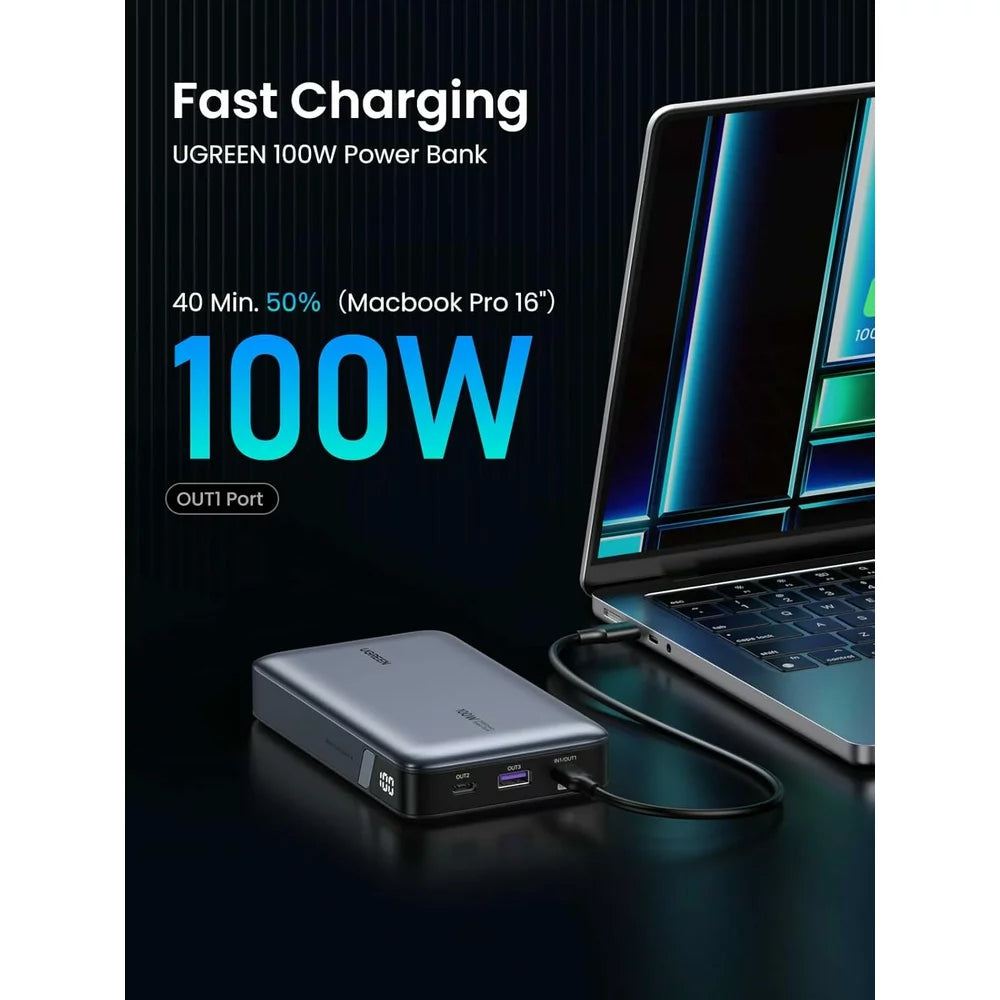 UGREEN PB720 Nexode External Battery, 20000mAh, 100W, QC + PD, 1 x USB-A - 2 x USB-C, Grey 