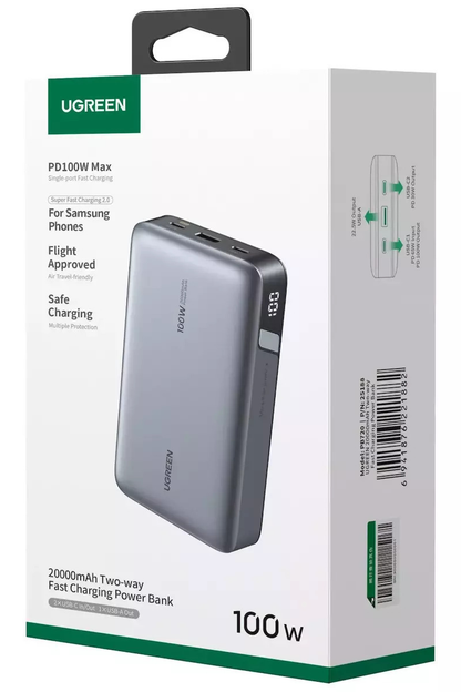 Spoljna baterija UGREEN PB720 Nexode, 20000mAh, 100W, QC + PD, 1 x USB-A - 2 x USB-C, Siva