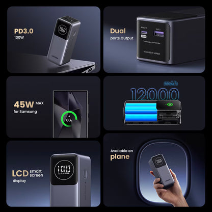 UGREEN PB724 External Battery, 12000mAh, 100W, QC + PD, 1 x USB-A - 1 x USB-C, Grey 