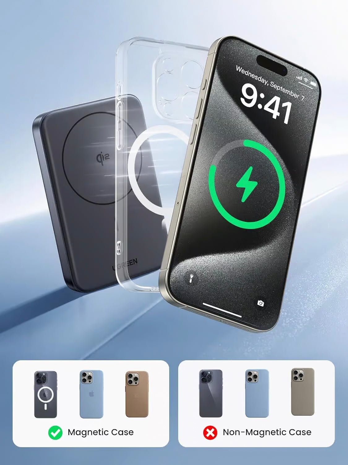 Spoljna baterija UGREEN PB761, 10000mAh, 30W, PD + FQI, 1 x QI - 1 x USB-C, Siva