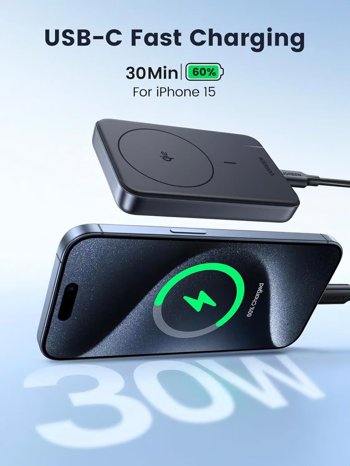 Spoljna baterija UGREEN PB761, 10000mAh, 30W, PD + FQI, 1 x QI - 1 x USB-C, Siva