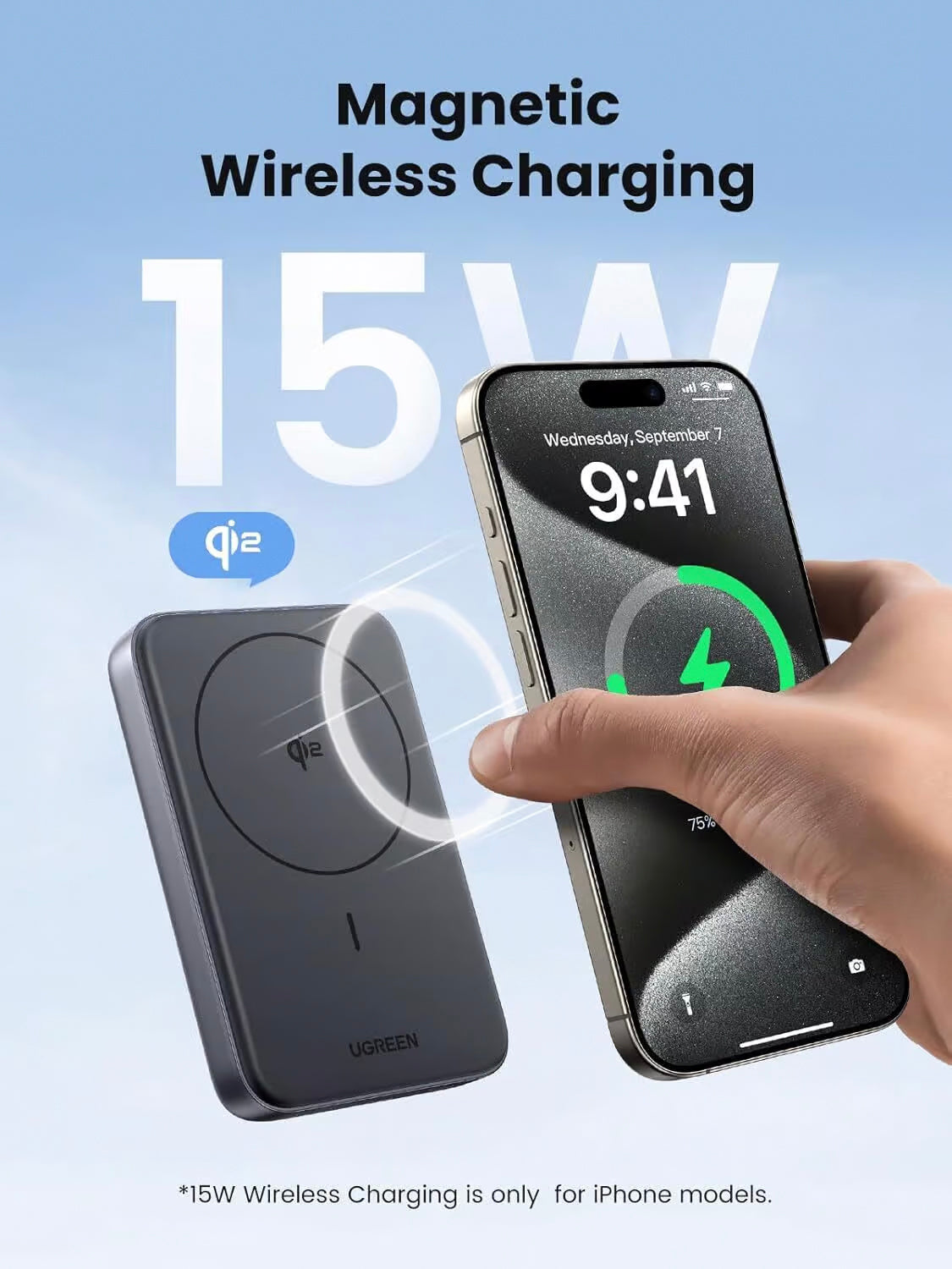 Spoljna baterija UGREEN PB761, 10000mAh, 30W, PD + FQI, 1 x QI - 1 x USB-C, Siva