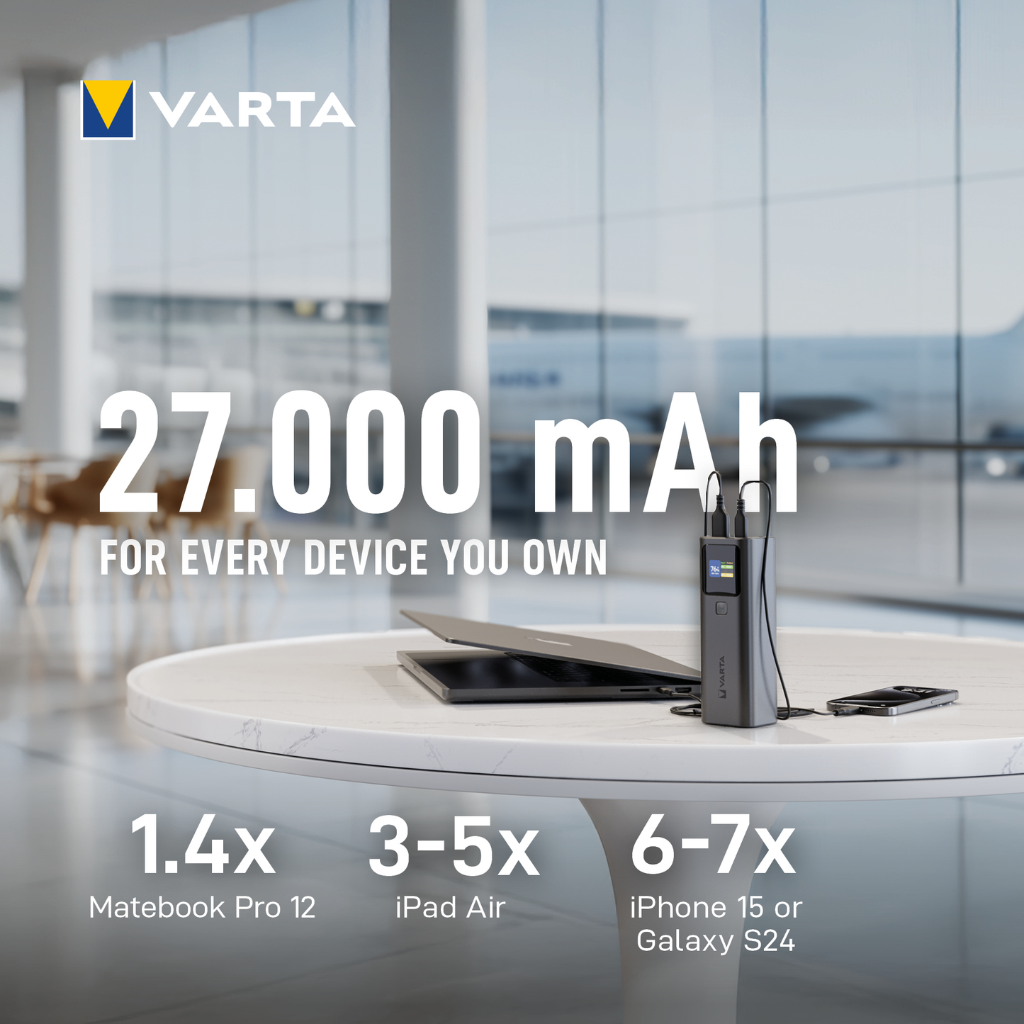 Spoljna baterija Varta High Speed, 27000mAh, 140W, QC + PD, 1 x USB-A - 2 x USB-C, Crna