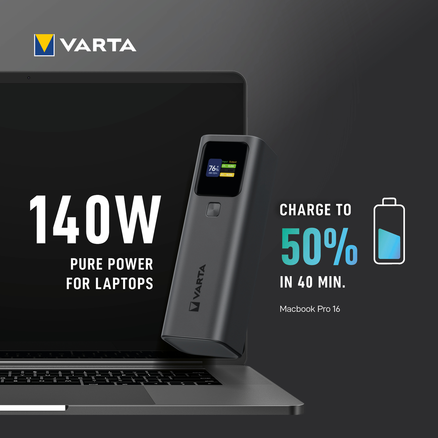 Spoljna baterija Varta High Speed, 27000mAh, 140W, QC + PD, 1 x USB-A - 2 x USB-C, Crna
