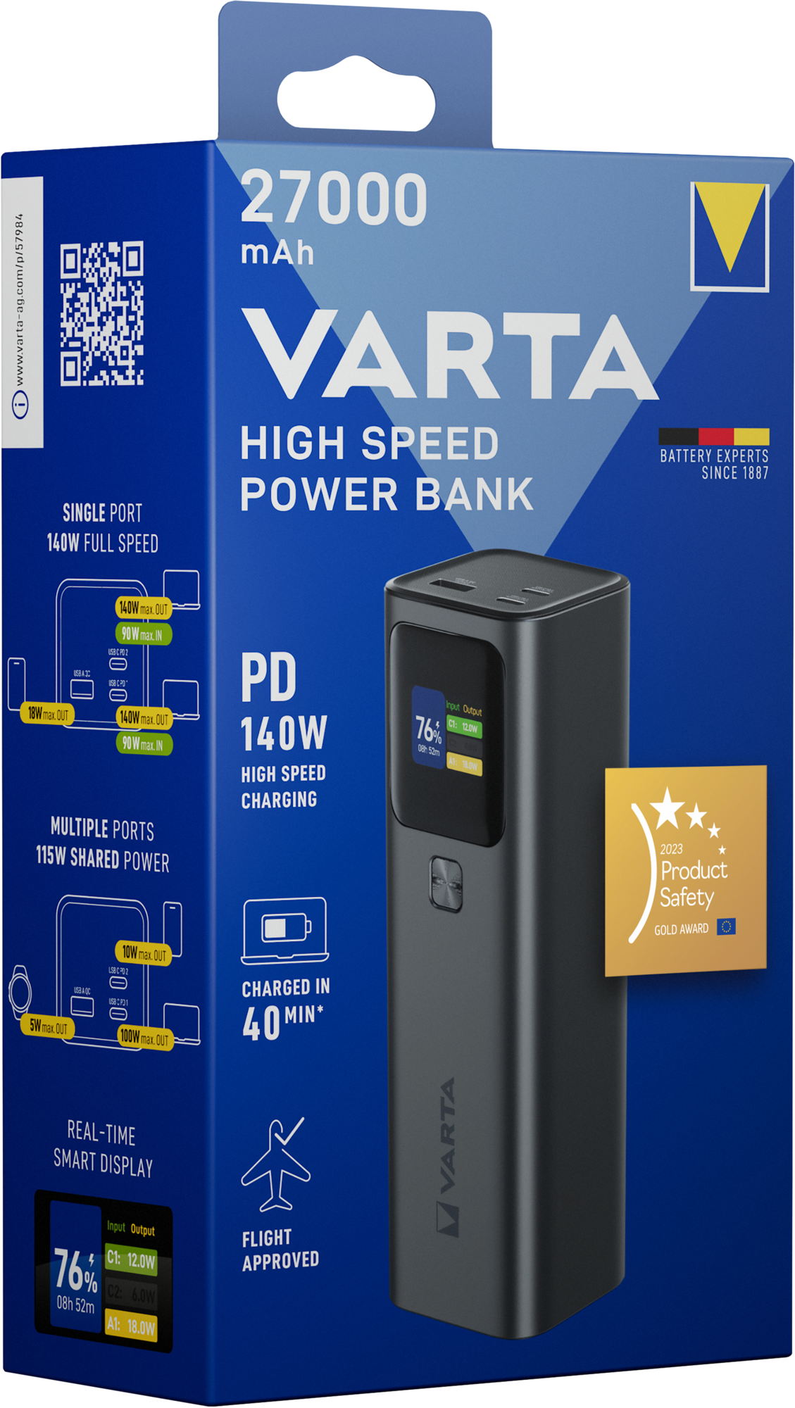 Spoljna baterija Varta High Speed, 27000mAh, 140W, QC + PD, 1 x USB-A - 2 x USB-C, Crna