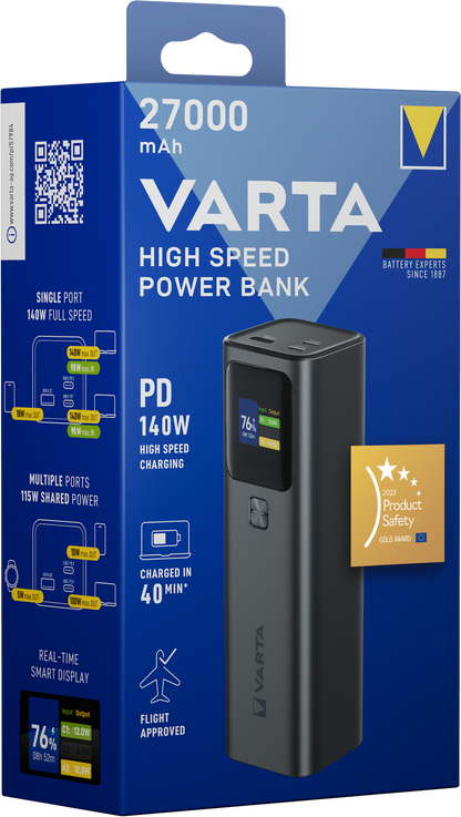 Spoljna baterija Varta High Speed, 27000mAh, 140W, QC + PD, 1 x USB-A - 2 x USB-C, Crna