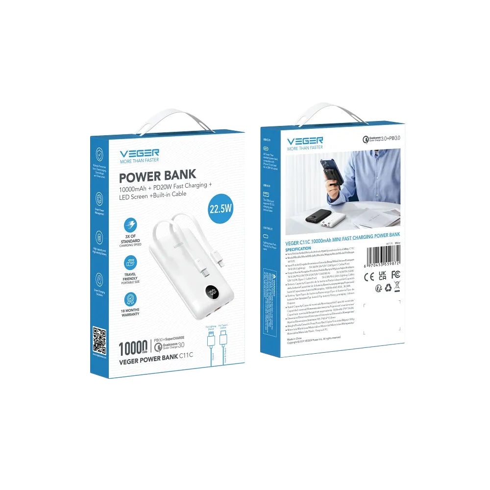 Spoljna baterija Veger C11C, 10000mAh, 22.5W, QC + PD, 1 x Lightning - 1 x USB-A - 2 x USB-C, Bela