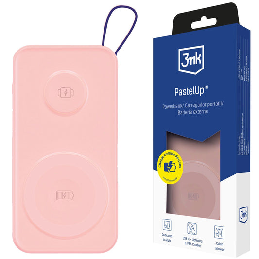 Spoljna bežična baterija 3MK PastelUp, 10000mAh, 22.5W, QC + PD + FQI, 1 x USB-A - 1 x USB-C - 2 x QI, Roze