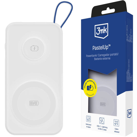 Spoljna baterija Wireless 3MK PastelUp, 10000mAh, 22.5W, QC + PD + FQI, 1 x USB-A - 1 x USB-C - 2 x QI, Bela