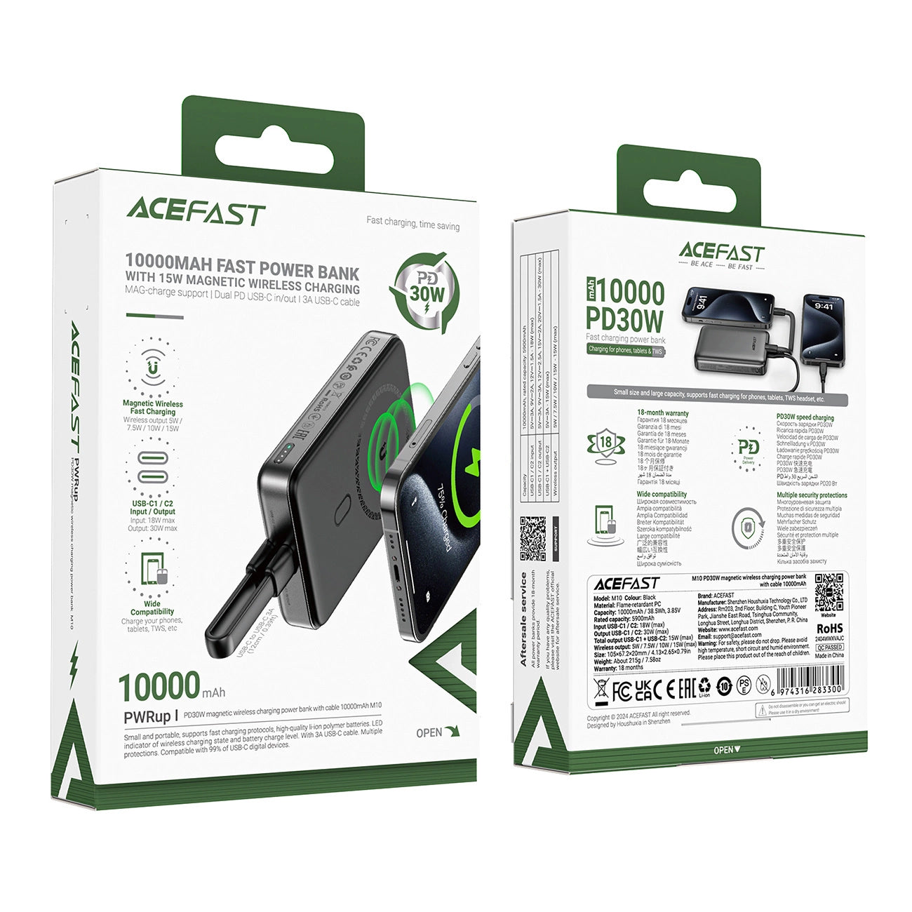 Spoljna Bežična Baterija Acefast M10, 10000mAh, 30W, PD + FQI, 1 x QI - 2 x USB-C, Crna