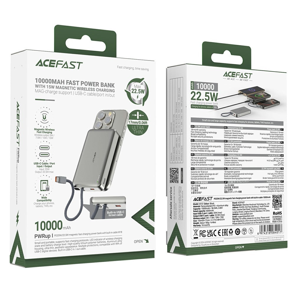 Baterija Eksterna Wireless Acefast M18, 10000mAh, 22.5W, PD + FQI, 1 x QI - 2 x USB-C, Crna