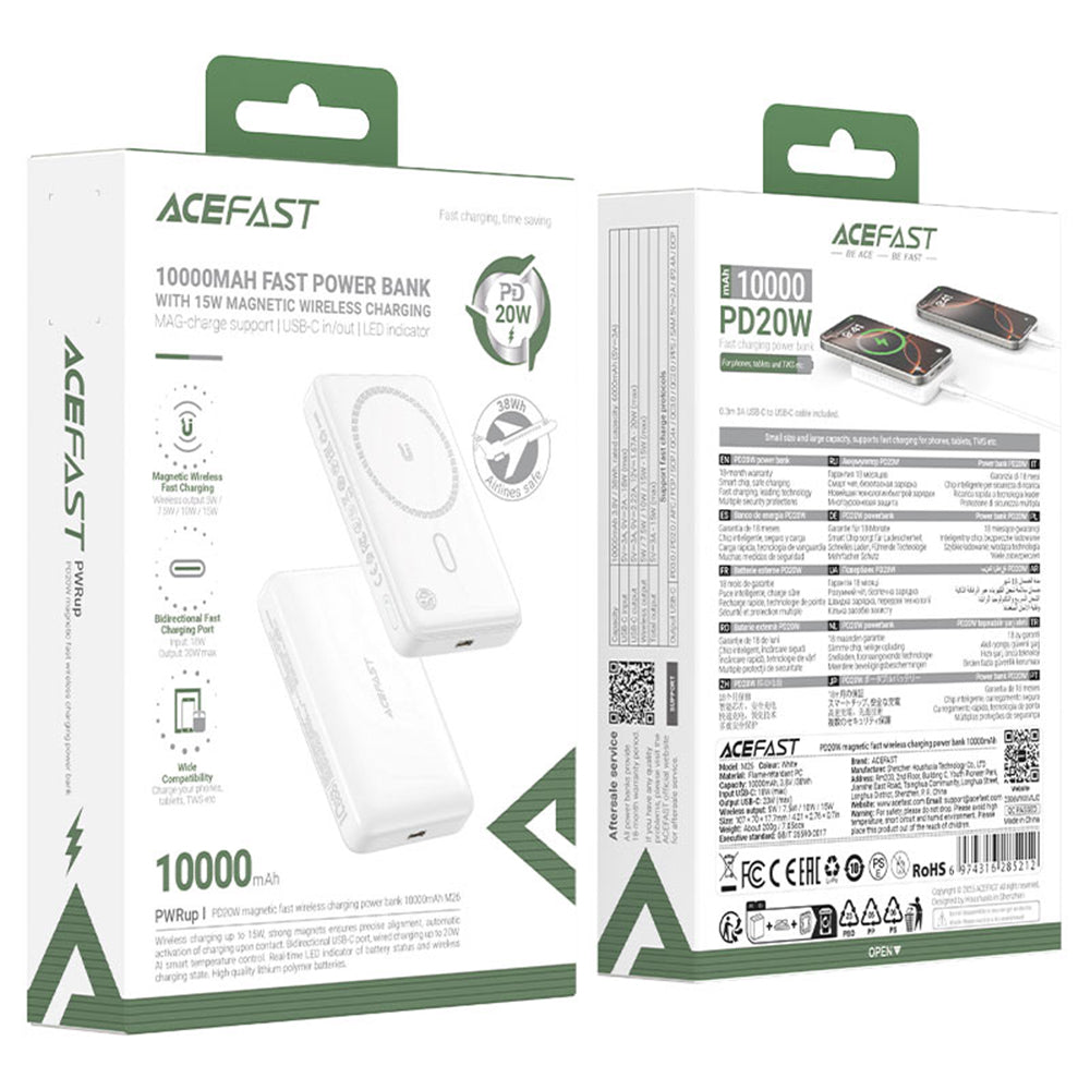 Spoljna baterija Wireless Acefast M26, 10000mAh, 20W, PD + FQI, 1 x QI - 1 x USB-C, Bela