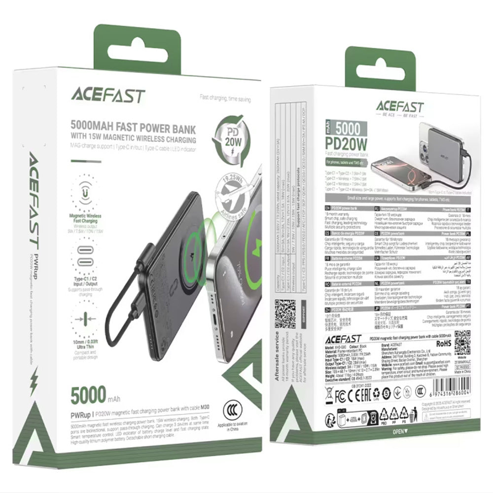 Spoljna baterija Wireless Acefast M30, 5000mAh, 20W, PD + FQI, 1 x QI - 2 x USB-C, Crna