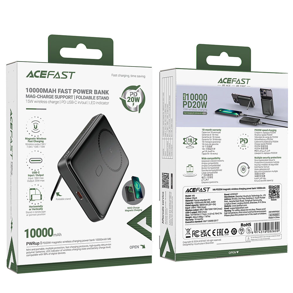 Spoljna Baterija Wireless Acefast M6, 10000mAh, 20W, PD + FQI, 1 x QI - 1 x USB-C, Crna