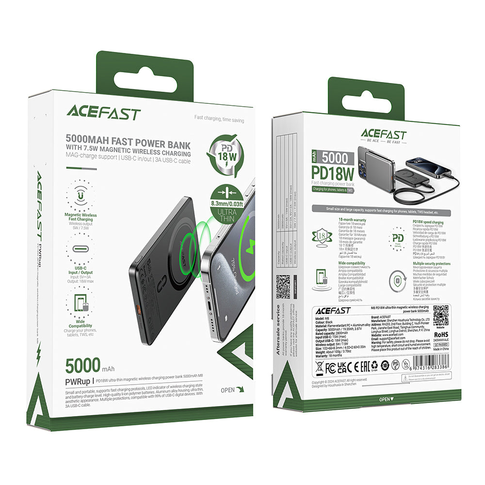 Spoljna baterija Wireless Acefast M8, 5000mAh, 18W, PD + FQI, 1 x QI - 1 x USB-C, Crna