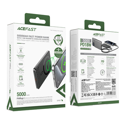 Spoljna baterija Wireless Acefast M8, 5000mAh, 18W, PD + FQI, 1 x QI - 1 x USB-C, Crna