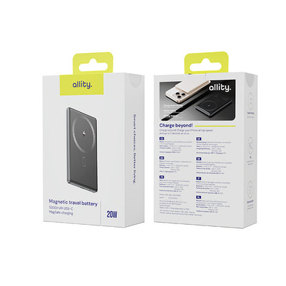 Spoljna bežična baterija Allity. APB-300, 5000mAh, 20W, PD + FQI, 1 x QI - 1 x USB-C, Siva