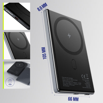 Spoljna bežična baterija Allity. APB-300, 5000mAh, 20W, PD + FQI, 1 x QI - 1 x USB-C, Siva