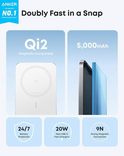 Spoljna bežična baterija Anker Nano, 5000mAh, 20W, PD + FQI, 1 x QI - 1 x USB-C, Bela A1665H21