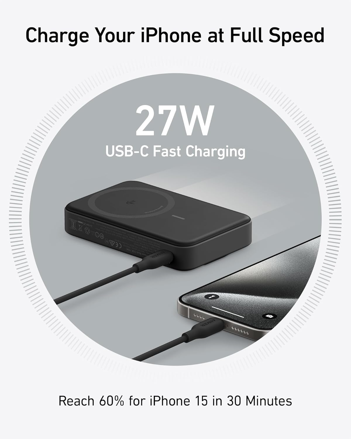 Spoljna bežična baterija Anker MagGo, 10000mAh, 27W, PD + FQI, 1 x QI - 1 x USB-C, Crna A1654011