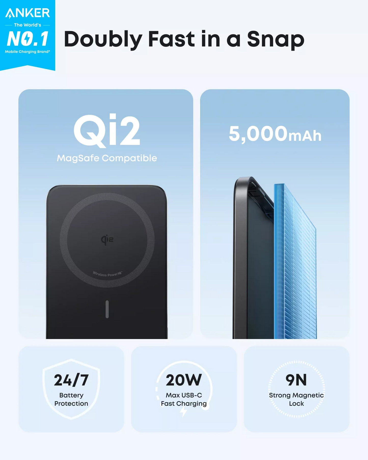 Bežična Eksterna Baterija Anker Nano, 5000mAh, 20W, PD + FQI, 1 x QI - 1 x USB-C, Crna A1665H11