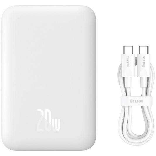 Baseus Magnetic Mini Wireless External Battery, 6000mAh, 20W, PD + FQI, 1 x QI - 1 x USB-C, White 