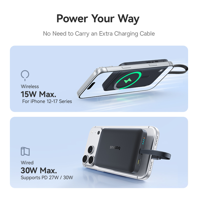 Baseus EnerFill FM11 bežna eksterna baterija, 10000 mAh, 30 W, PD + FQI, 1 x QI – 2 x USB-C, crna E0028904