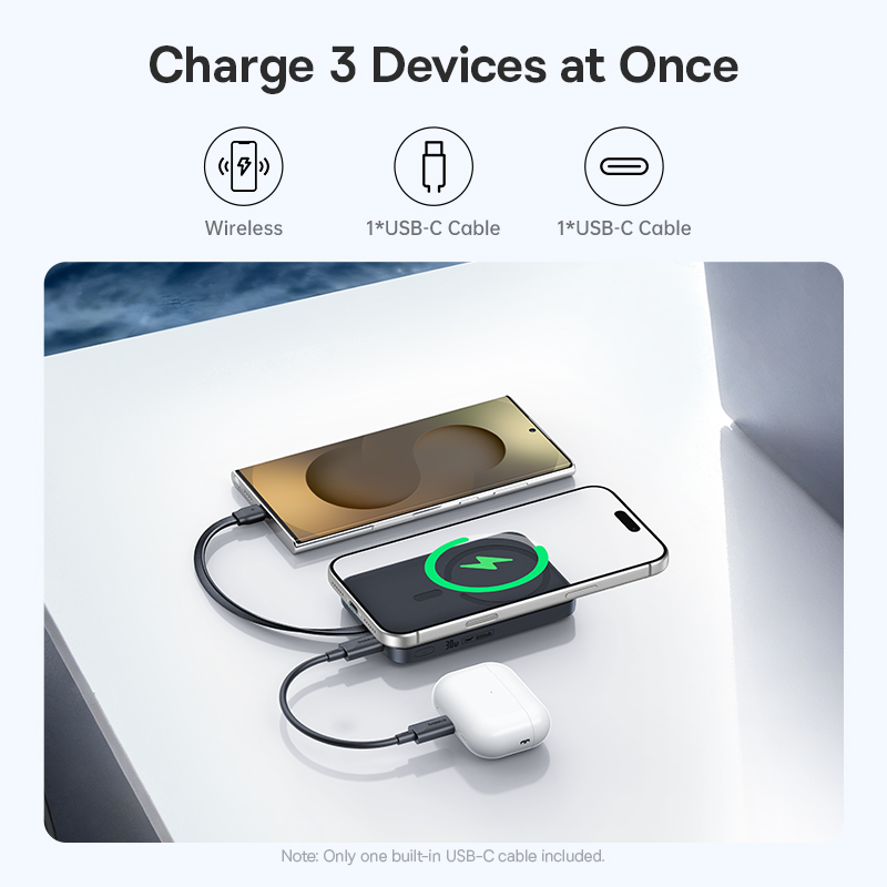 Baseus EnerFill FM11 bežna eksterna baterija, 10000 mAh, 30 W, PD + FQI, 1 x QI – 2 x USB-C, crna E0028904